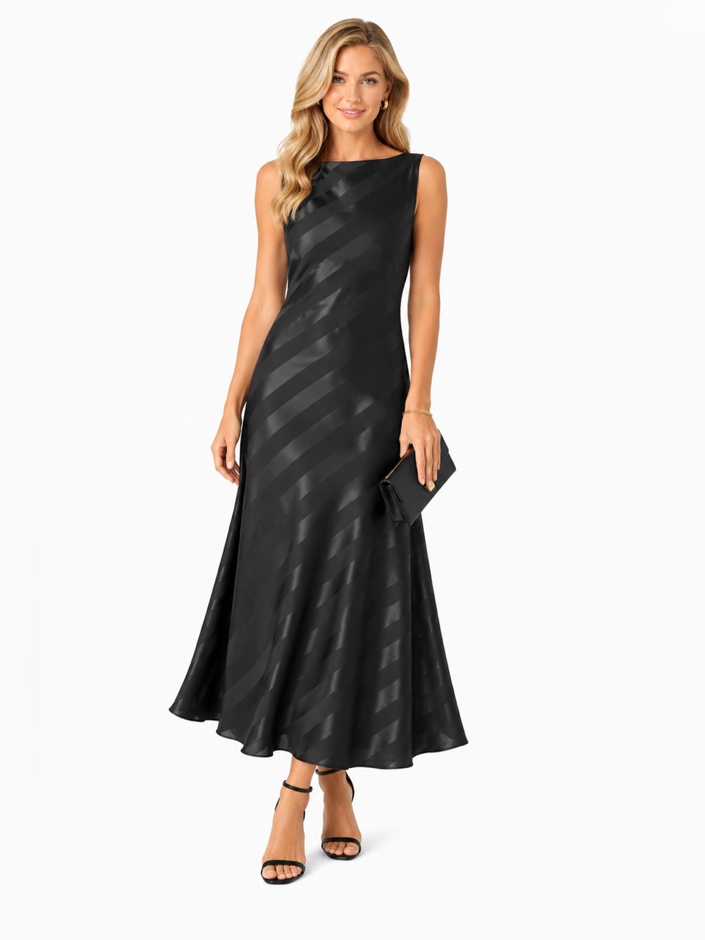 fun 2 fun Black Sleeveless Satin-Stripe Maxi Dress